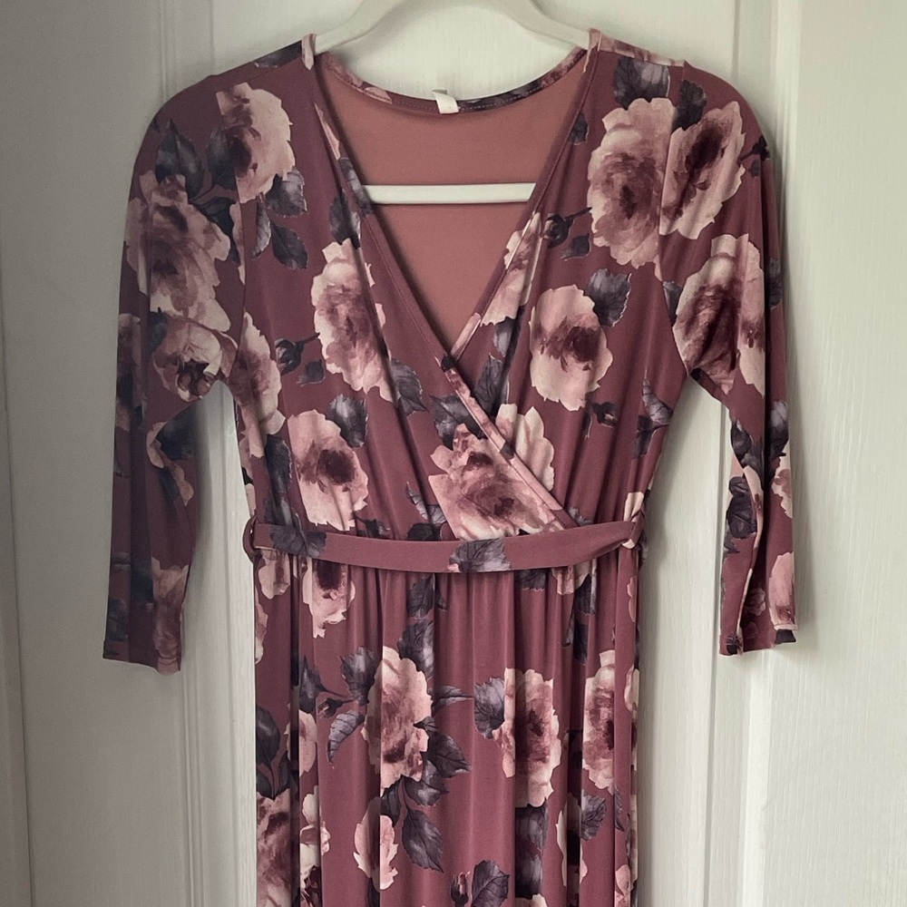 PinkBlush Mauve Abstract Floral Sash Tie Dress - Picture 2 of 4